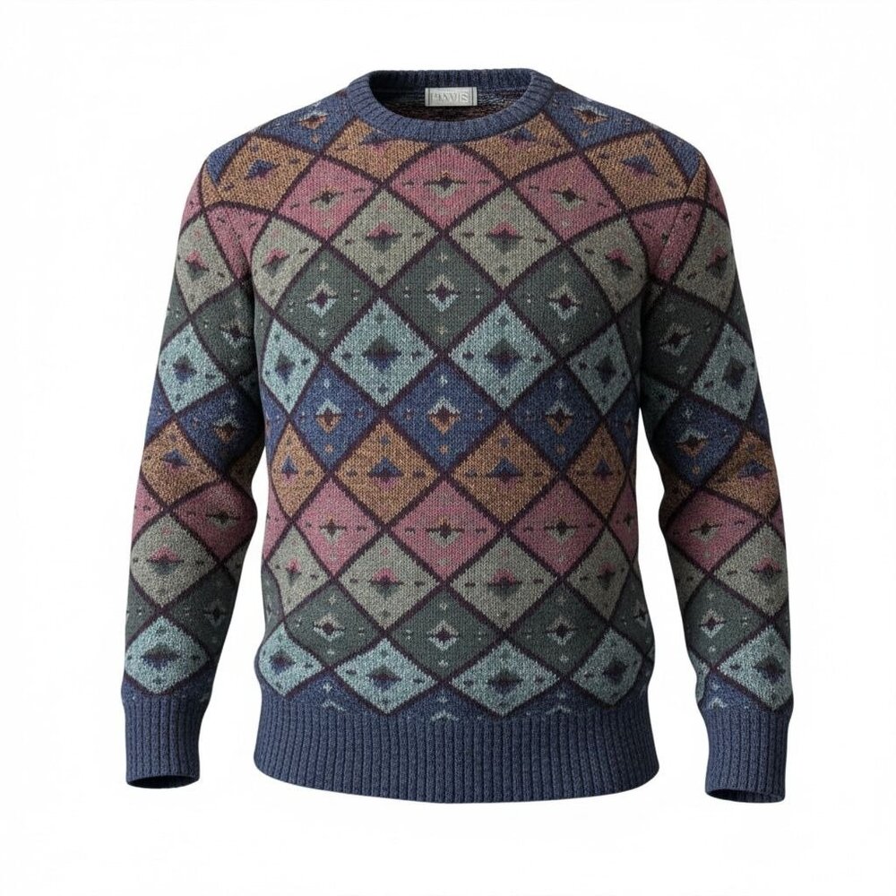 Vintage Christopher Hayes Mens Sweater Large Shetland Wool Geometric Multicolors